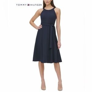 Tommy Hilfiger Fit and Flare Midi Dress with Belt - Navy